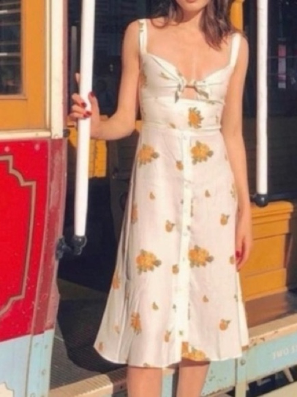 Reformation Cream Orange Floral Tie Strap Midi Dress XS Cottagecore